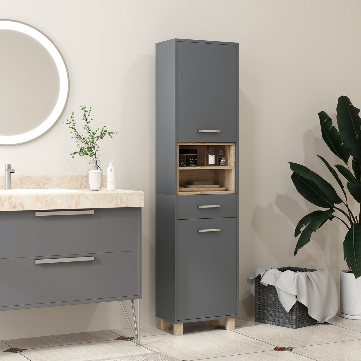 Colonne salle de bain, meuble salle de bain rangement avec 2 placards, tiroir et 2 compartiments ouverts, gris-6