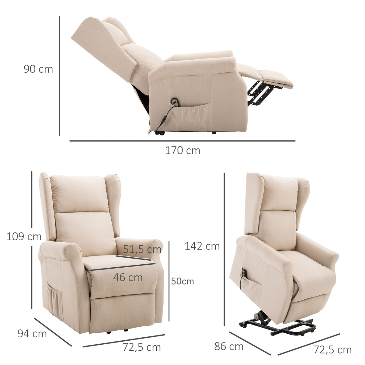 Fauteuil releveur inclinable avec Repose-Pied Fauteuil de Relaxation électrique Ajustable Lin Crème-2