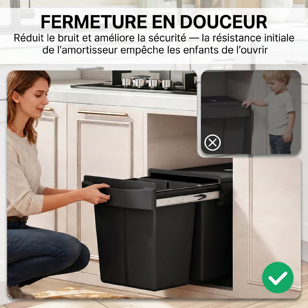 Poubelle sous évier coulissante, poubelle de tri sélectif, 2 x 20L, seaux intérieurs amovibles, 52 x 33,5 x 41 cm, noir-6