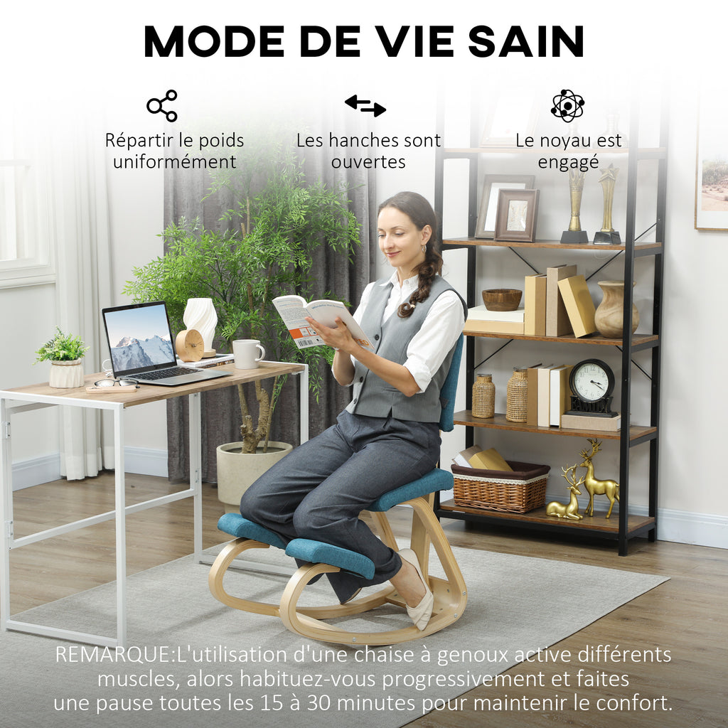 Chaise à genoux ergonomique avec dossier, siège assis genoux à bascule, correcteur de posture 51x84x93cm bleu foncé-5