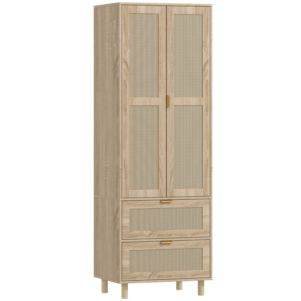 Armoire chambre penderie avec 2 portes en rotin, 2 tiroirs et barre de suspension, 63 x 47 x 185 cm, bois naturel-0