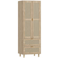 Armoire chambre penderie avec 2 portes en rotin, 2 tiroirs et barre de suspension, 63 x 47 x 185 cm, bois naturel-0