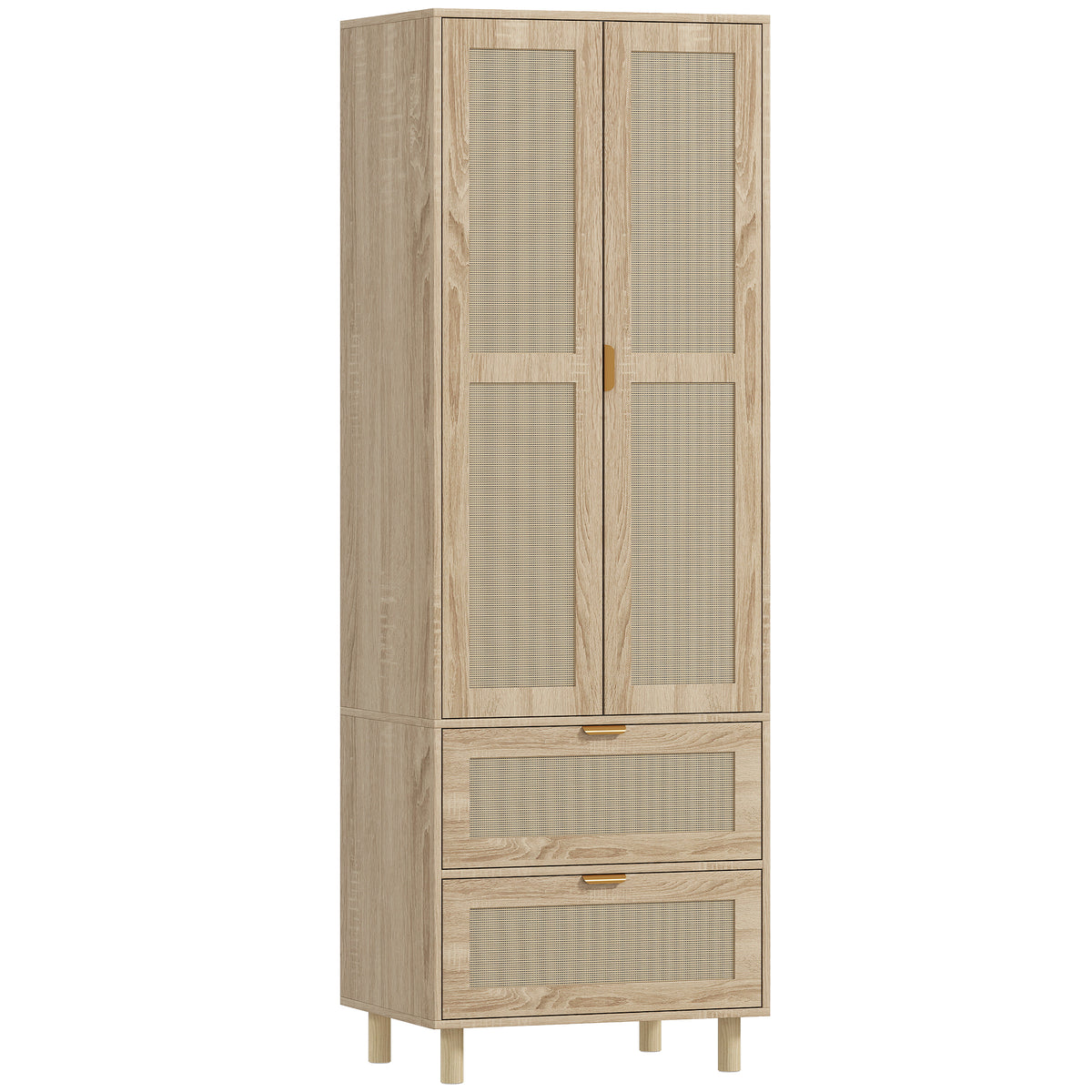 Armoire chambre penderie avec 2 portes en rotin, 2 tiroirs et barre de suspension, 63 x 47 x 185 cm, bois naturel-0