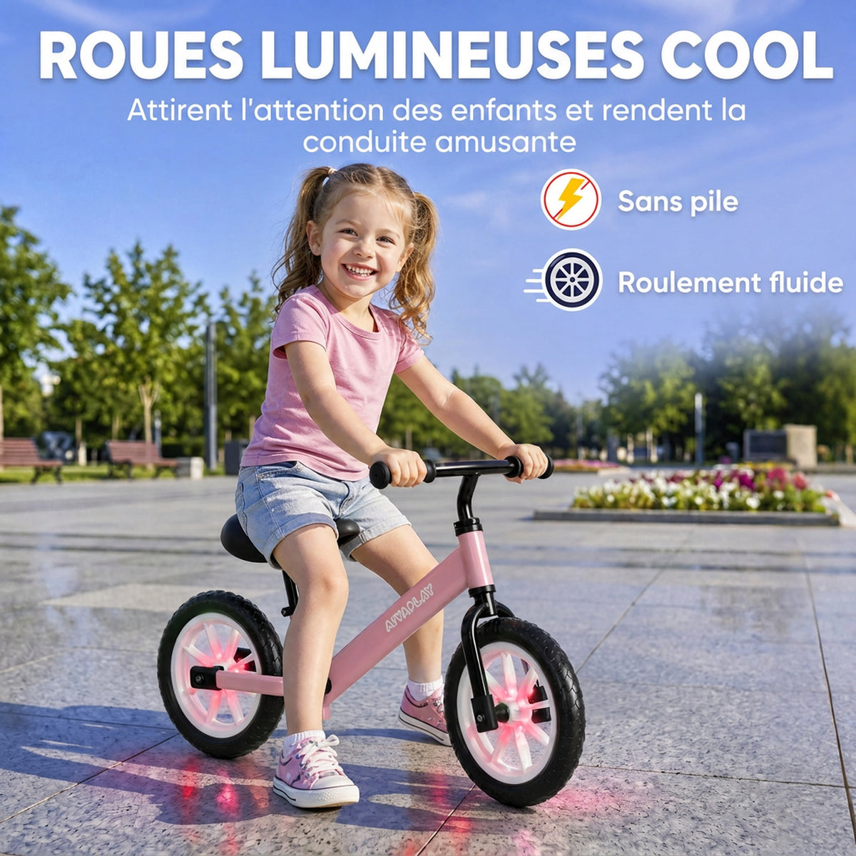 Draisienne Enfant 2-5 Ans, Roues Lumineuses, Siège Guidon Réglables, Pneus EVA Silencieux, Charge 50kg, 84x40x57cm, Rose-3