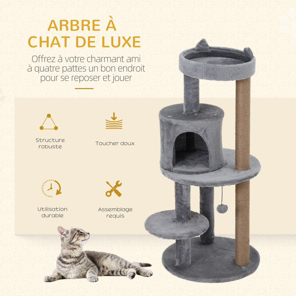 Arbre à chats multi-équipements griffoirs grattoirs plateformes niche jeu boule suspendue Ø 48 x 104H cm gris-3