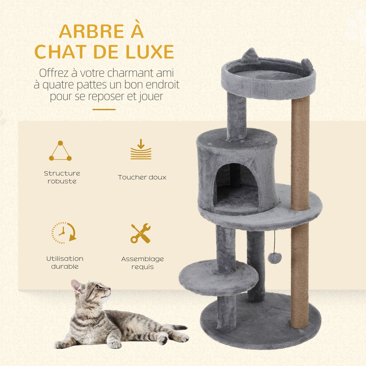 Arbre à chats multi-équipements griffoirs grattoirs plateformes niche jeu boule suspendue Ø 48 x 104H cm gris-3