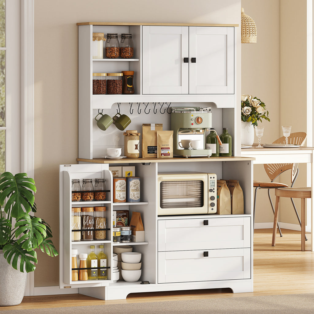 Buffet Haut Cuisine, Armoire Cuisine avec 3 Portes, 2 Tiroirs, Plan de Travail, Compartiments Ouverts, Blanc-9