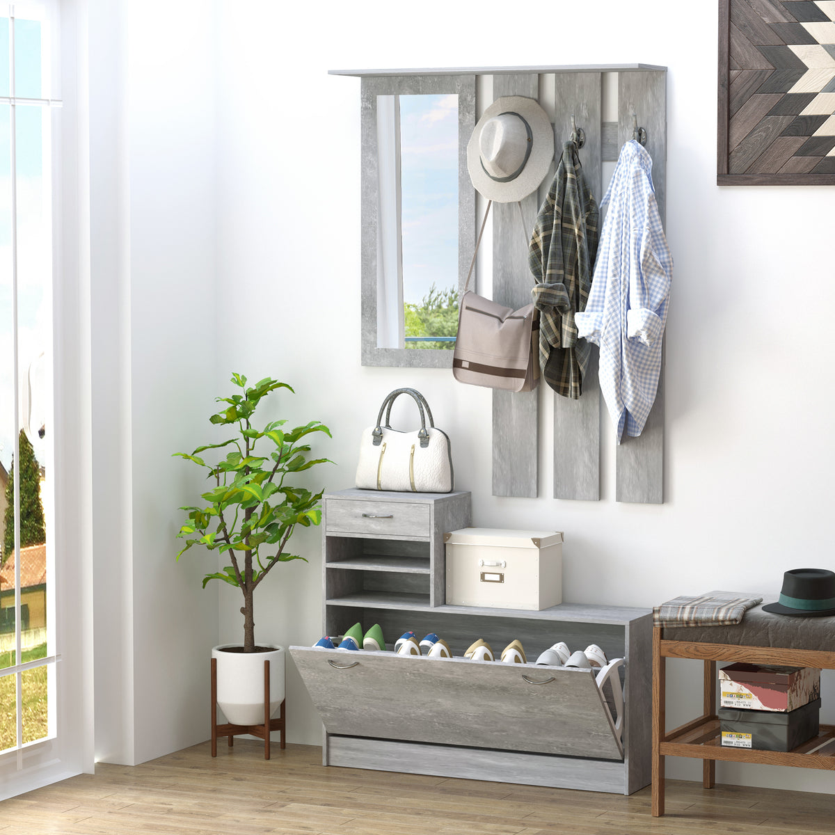 Ensembles 3 en 1 de meuble d'entrée vestiaire avec panneau porte-manteau, miroir et banc à chaussures - 6 crochets et étagère réglable, effet béton gris-1