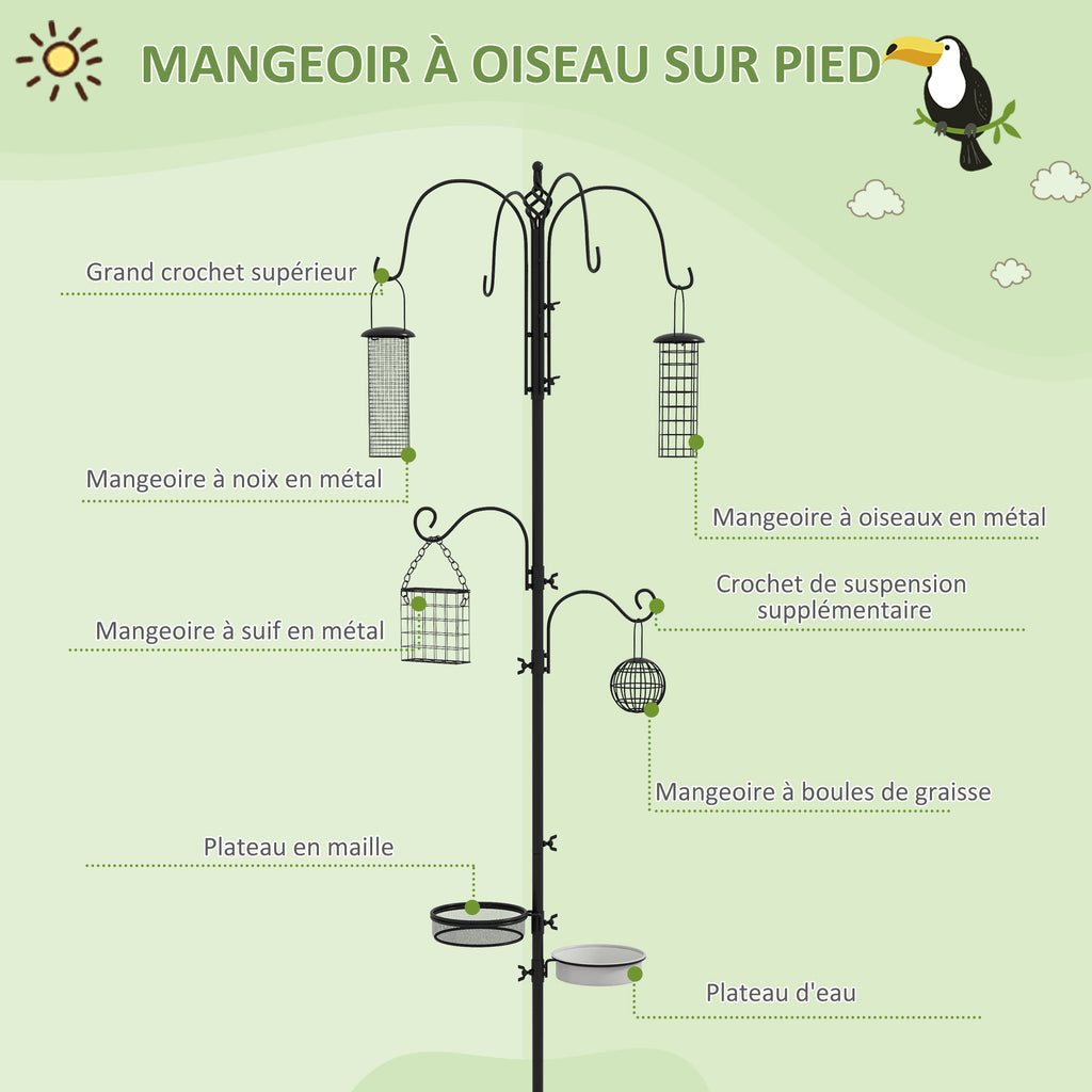 Station d'alimentation mangeoir à oiseaux sur pied 6 crochets 4 mangeoires suspendues pour cacahuètes graines boules de graisse noir-3