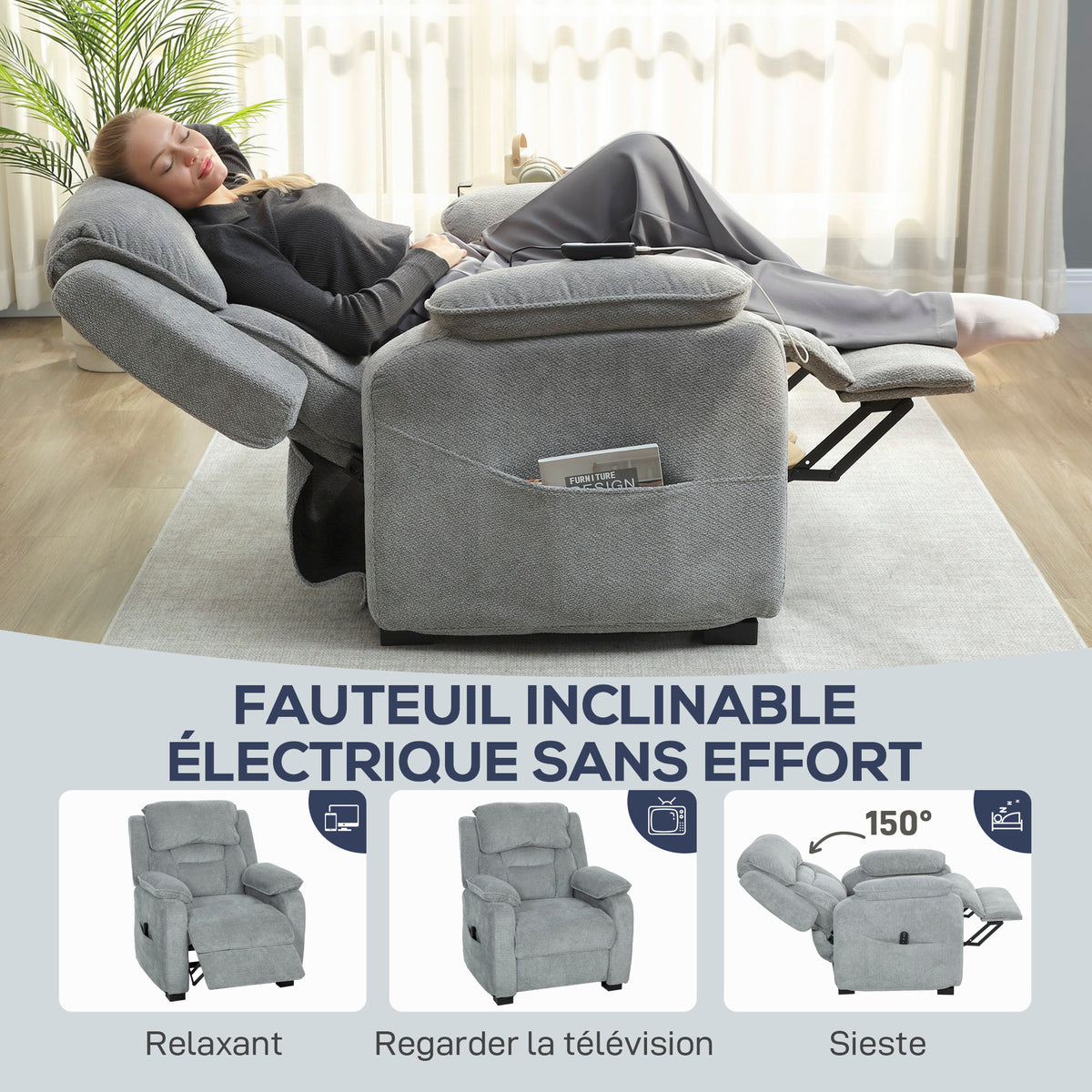 Fauteuil relax électrique fauteuil inclinable port USB repose-pieds poches latérales télécommande 86x90x103cm gris clair-3