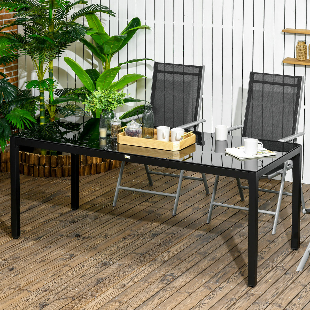 Table de jardin rectangulaire pour 8 personnes avec plateau en verre trempé et cadre en aluminium noir-1