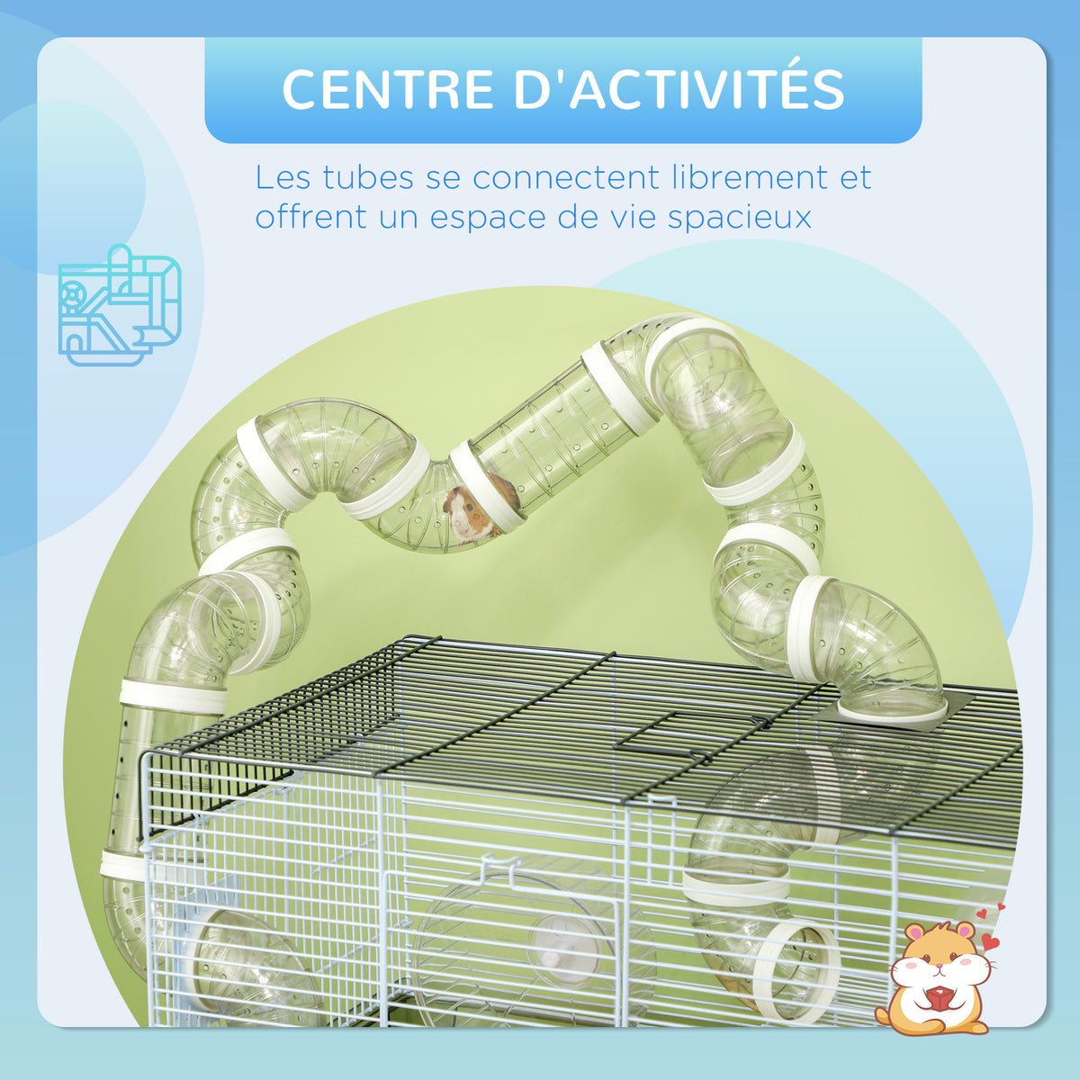 Cage hamster cage rongeur avec tunnel et accessoires inclus fil d'acier 58 x 32 x 31 cm gris-3