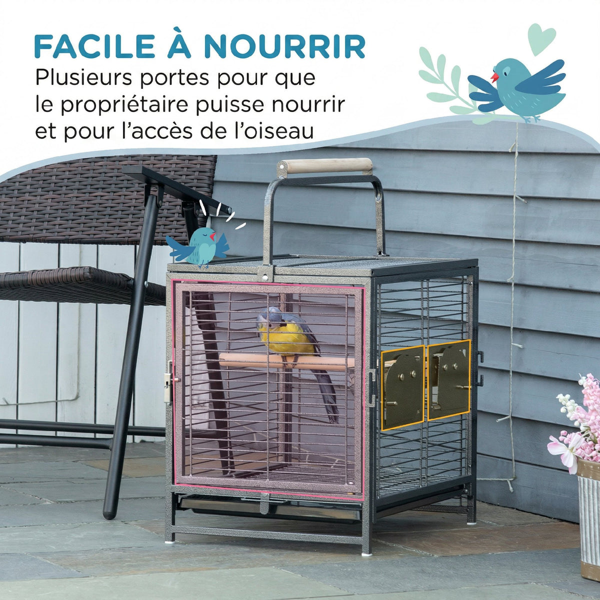 Cage de transport en acier pour perroquets, cage à oiseaux avec 2 bols en acier inoxydable, 2 perchoirs, plateau, noir-4