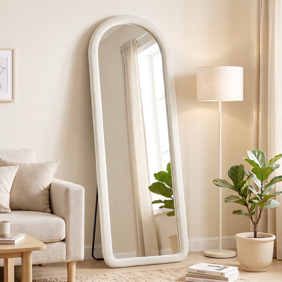 Miroir de Sol Arqué Pleine Longueur 160x60cm, Grand Miroir sur Pied ou Mural, Cadre Effet Velours, Verre Trempé, Crème-1