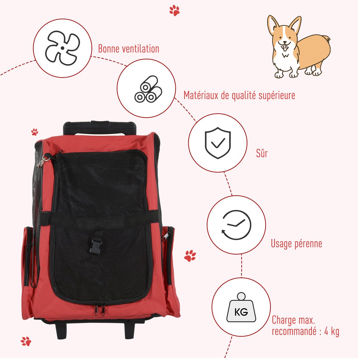 Sac de transport à roulettes pour chien 2 en 1 trolley chariot sac à dos pour chien chat avec poignée téléscopique, sacs de rangement, aérations, attache de sécurité, 42 x 25 x 55 cm, rouge-5