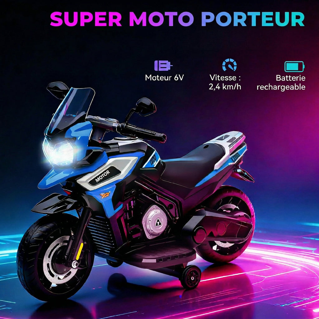 Moto électrique enfants 6 V, voiture électrique enfants avec roues d'entraînement, musique, effets lumineux, bleu-3