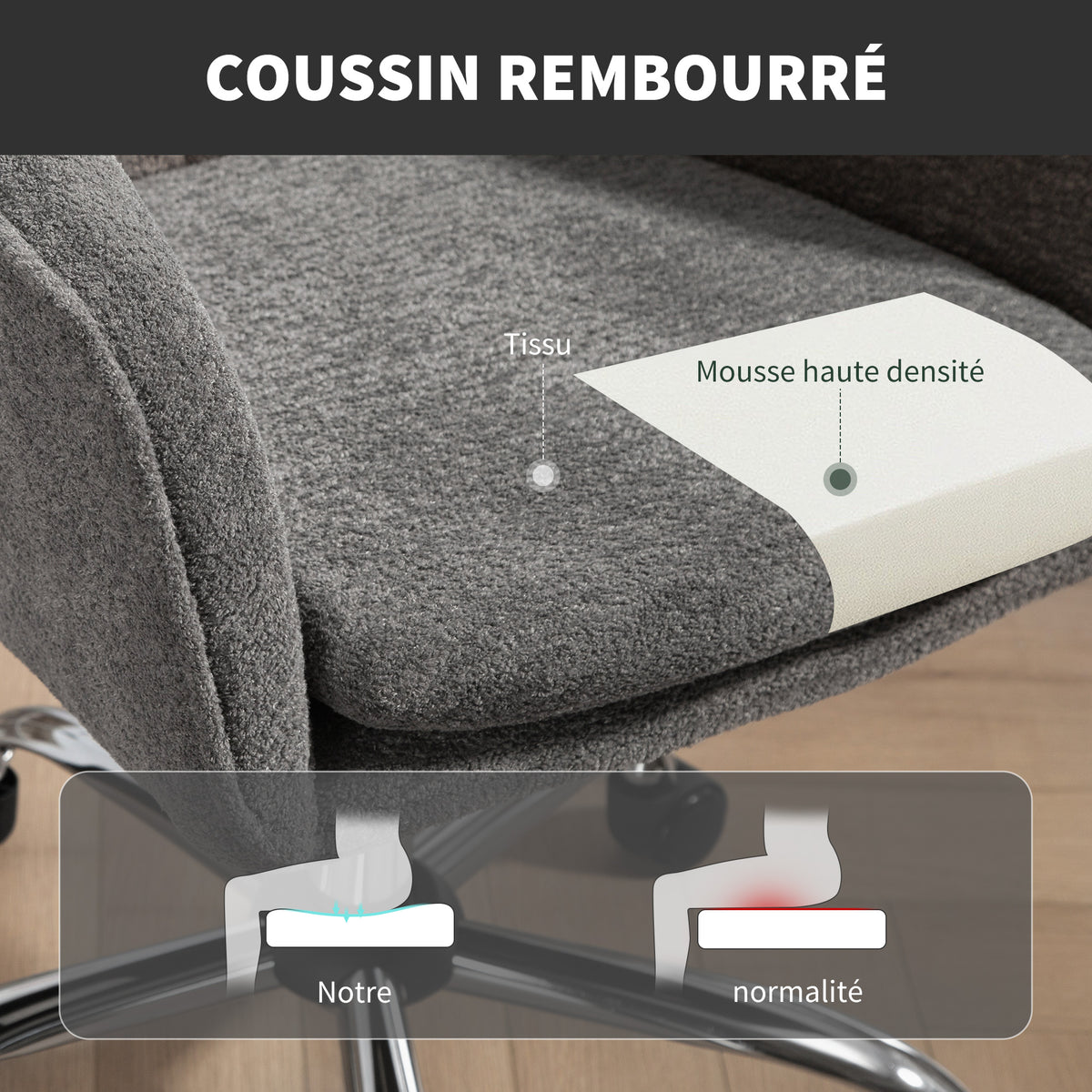 Chaise de bureau, fauteuil de bureau ergonomique réglable en hauteur, siège pivotante, fonction de bascule, gris-4