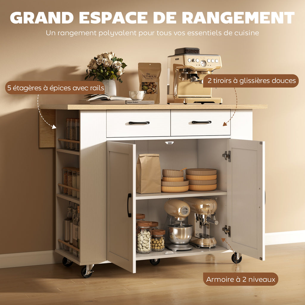 Îlot de Cuisine avec Station de Charge, Chariot de Cuisine à Roulettes avec Plan de Travail Rabattable, 2 Tiroirs, Blanc-5