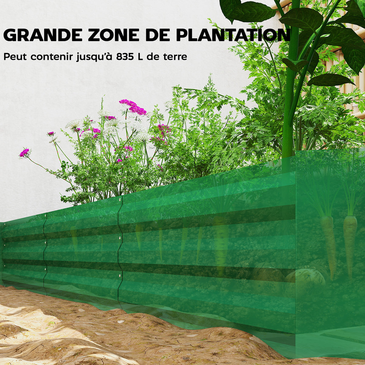 Jardinière extérieure carré potager galvanisée avec bordure de sécurité et fond ouvert 240 x 120 x 30 cm vert-3