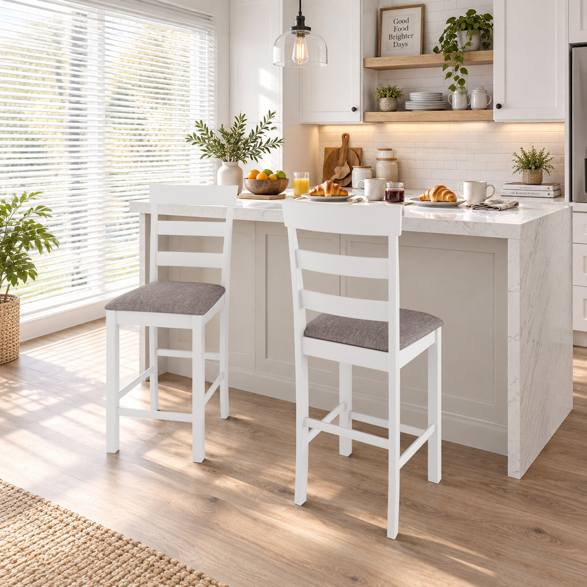 Lot de 2 Tabourets de Bar, Chaises de Bar en Bois Massif avec Assise Rembourrée en Lin et Dossier, Blanc et Marron-1
