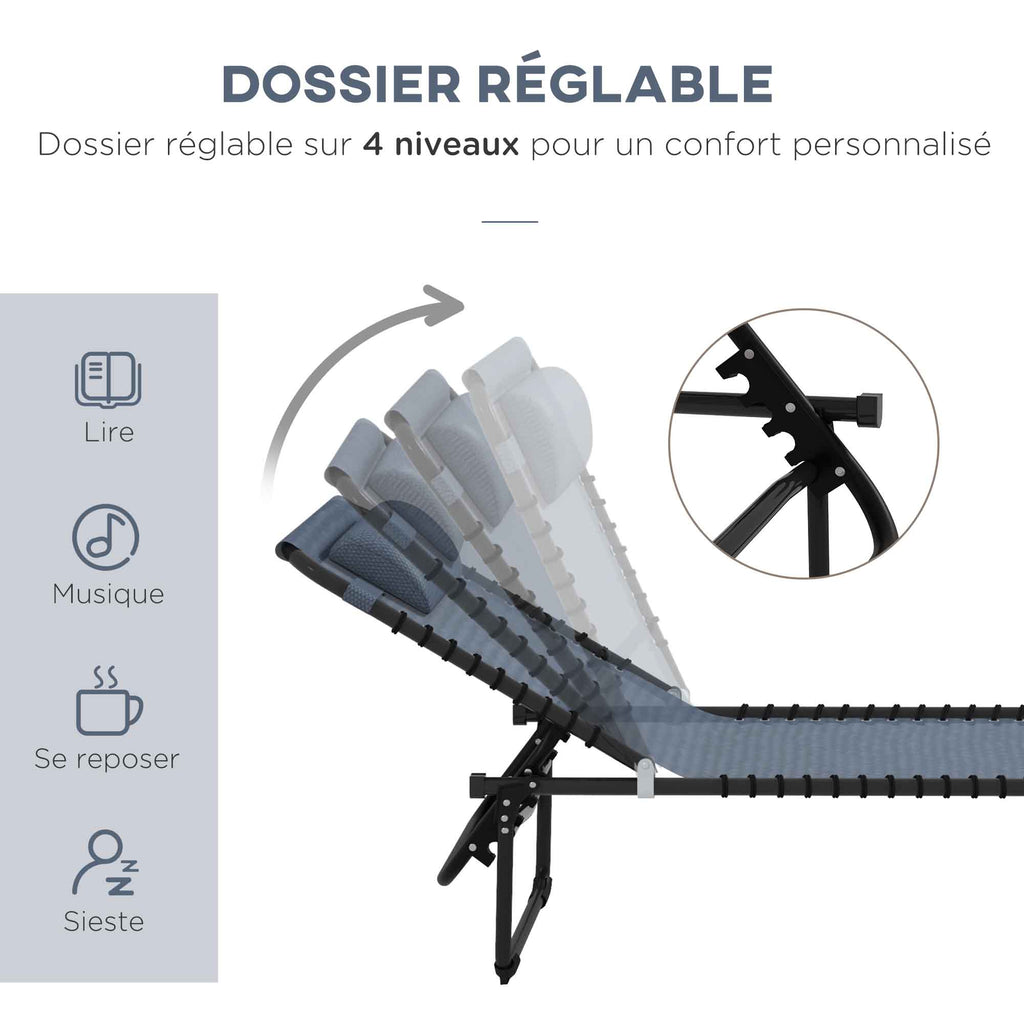Bain de Soleil transat Pliable Dossier inclinable Multi-Positions Acier thermoplastique Lacets élastiques Noir-3