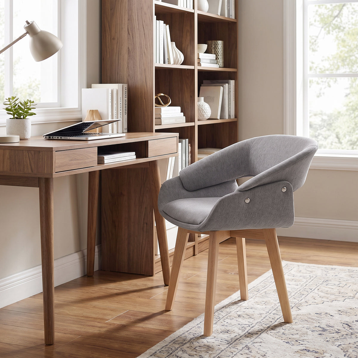 Lot de 2 Chaises Salle à Manger, Chaises de Cuisine en Tissu Effet Lin, Dossier Incurvé, Pieds en Bois de Hêtre, Gris-8