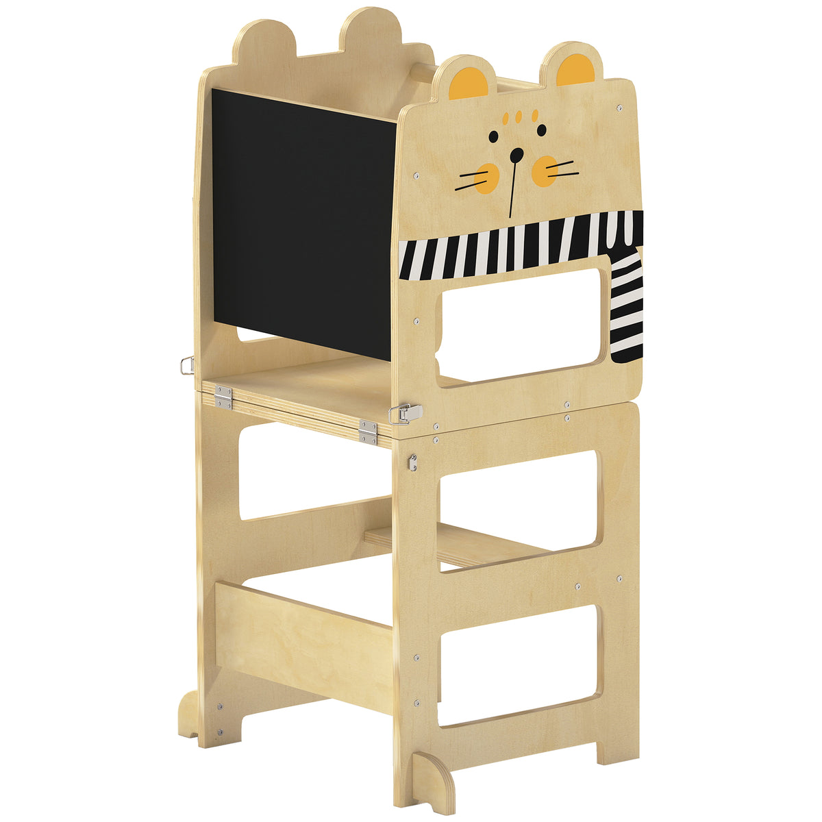 Tour d'Apprentissage Enfant 3 en 1, Tour d'Observation Enfant Pliable avec Tableau Noir, Motif Chat, Naturel-0