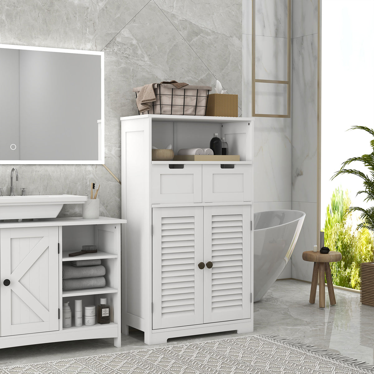 Meuble de salle de bain armoire 2 portes étagère réglable 2 tiroirs niche 61 x 30,5 x 109,5 cm blanc-1