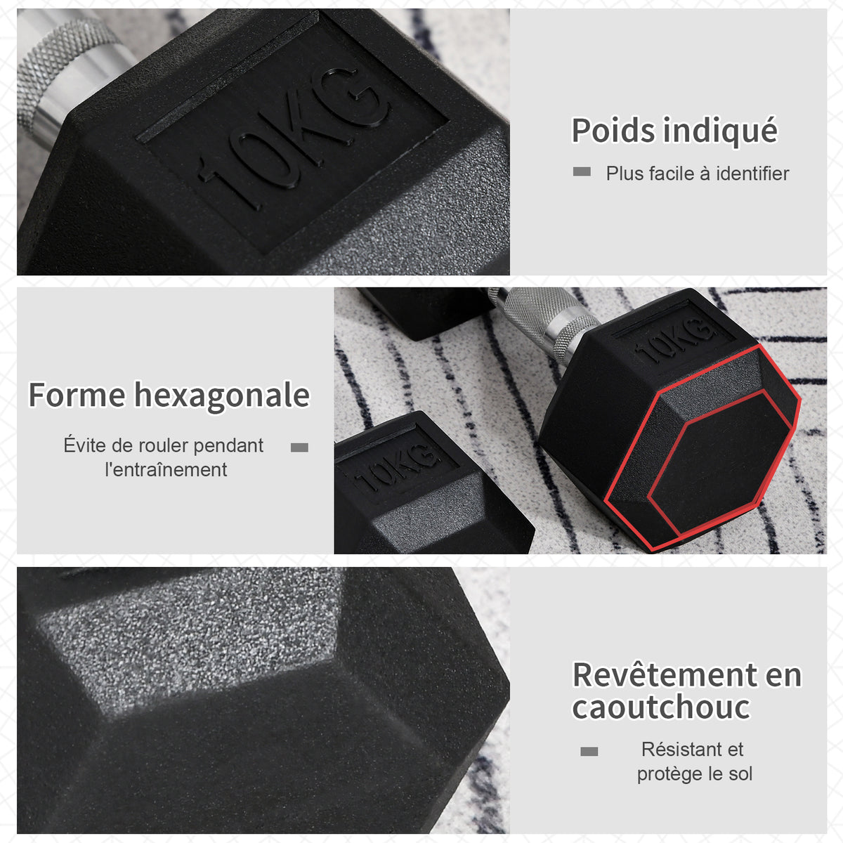 Ensemble d'haltères courtes total 2 x 10 Kg, haltères musculation fitness pour homme et femme, entraînement musculaire & haltérophilie - métal caoutchouc noir-3