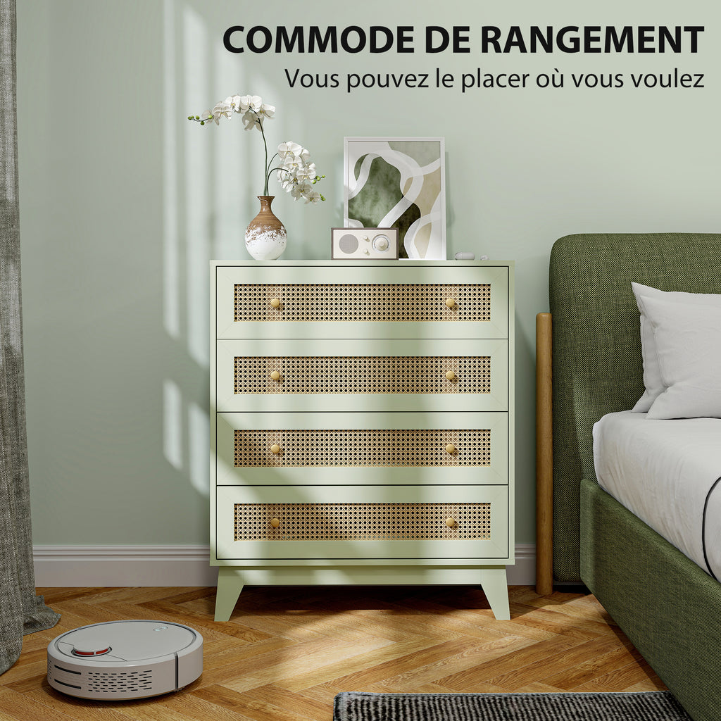 Commode 4 tiroirs meuble de rangement cannage en rotin aspect bois clair 80 x 35 x 95 cm vert-3