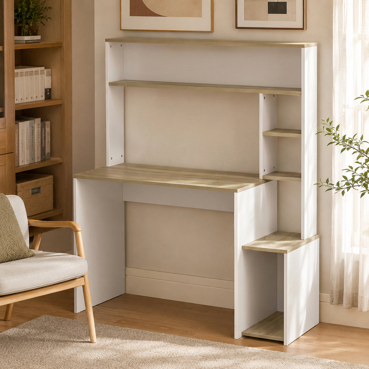 Bureau Informatique, 114 x 45 x 138 cm, Bureau avec Rangement, Étagères Ouvertes et Support UC, Blanc et Bois Naturel-1