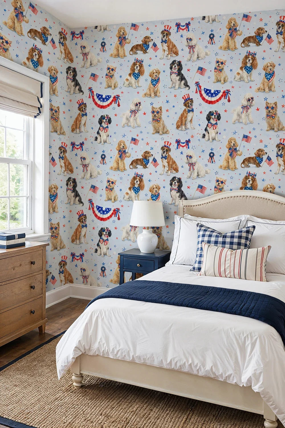 Patriotic Dogs with Flags and Stars Wallpaper