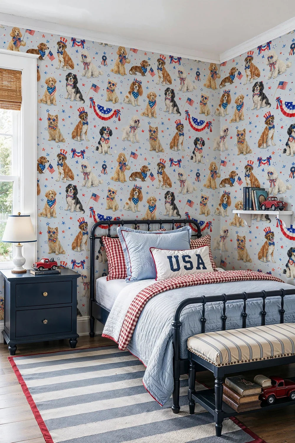 Patriotic Dogs with Flags and Stars Wallpaper