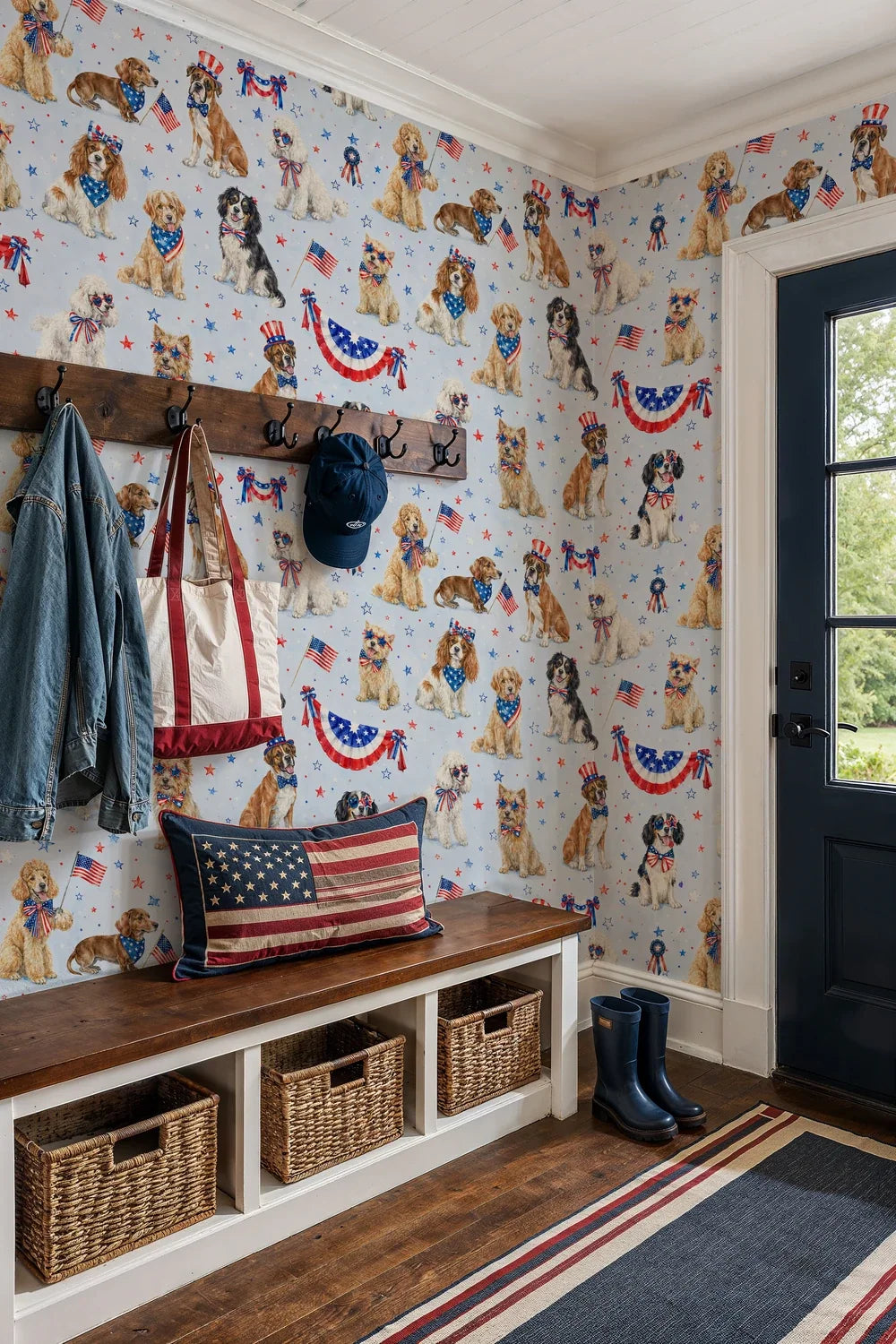 Patriotic Dogs with Flags and Stars Wallpaper