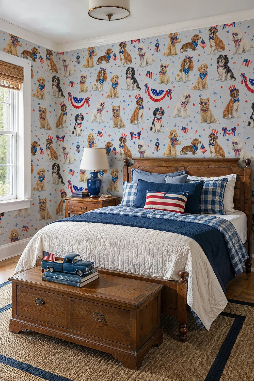 Patriotic Dogs with Flags and Stars Wallpaper