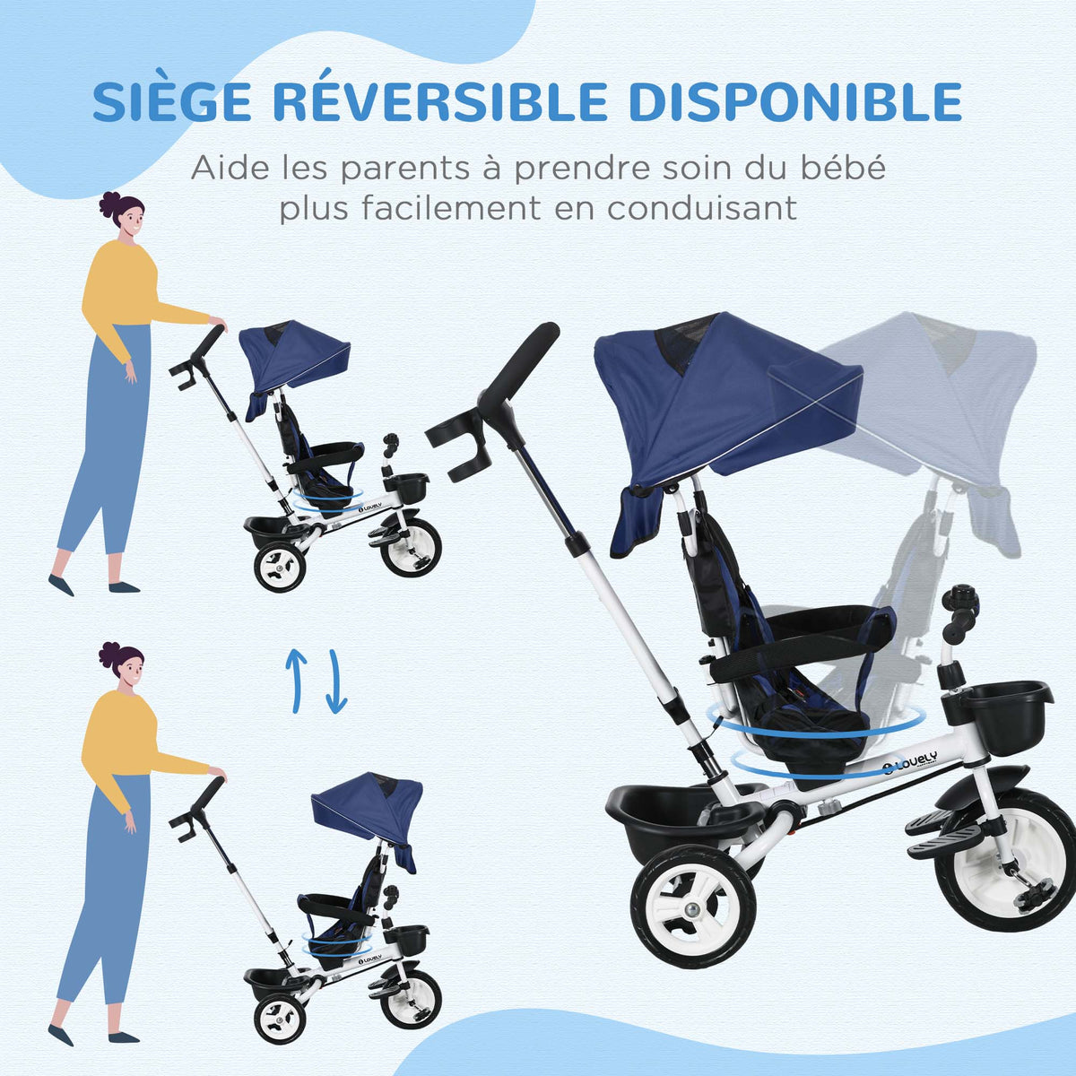 Tricycle 6 en 1 pour enfants, poignée de poussée, siège réversible, panier, auvent, ceinture de sécurité, 1-5 ans, bleu-5