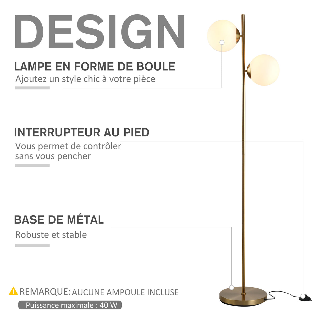 Lampadaire design lampadaire sur pied salon néo-rétro 2 Têtes boules max. 40 W métal doré-3