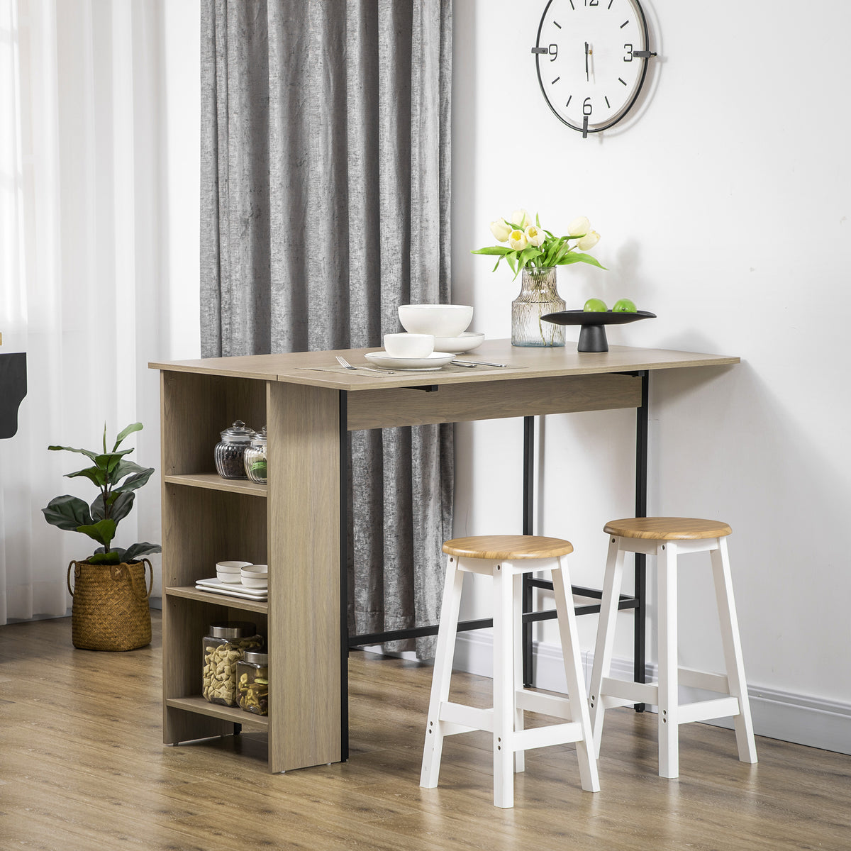 Ilot centra table de bar plateau latéral  rabattable et 3 étagères 120 x 76 x 91,4 cm gris clair-9