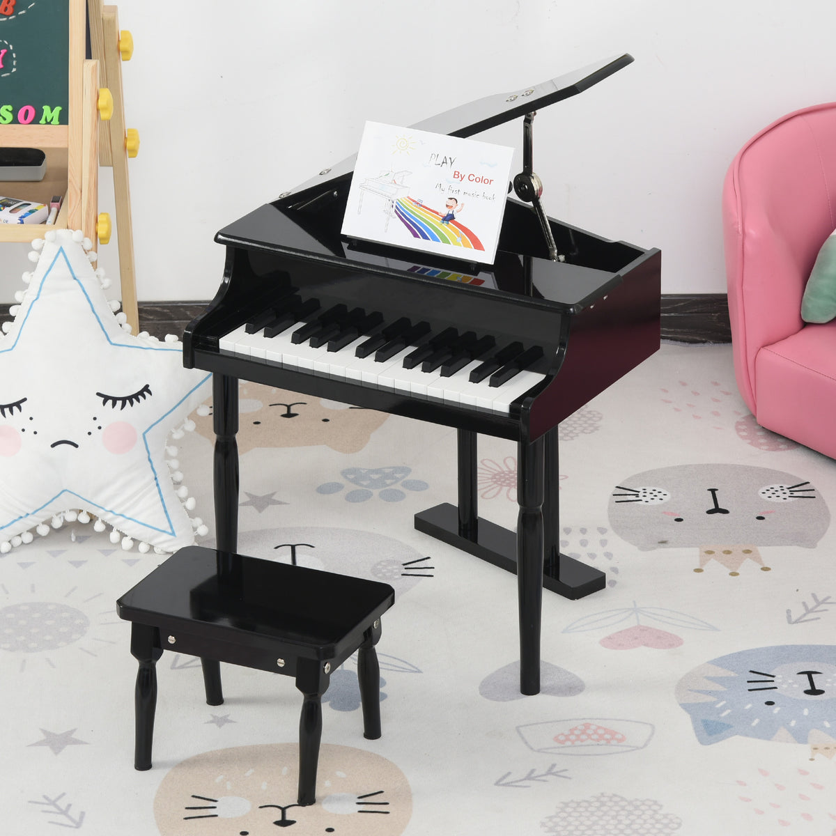 Piano à queue enfant en bois Piano enfant clavier de piano 30 touches - tabouret et pupitre inlus - Instrument de Musique - MDF noir-1