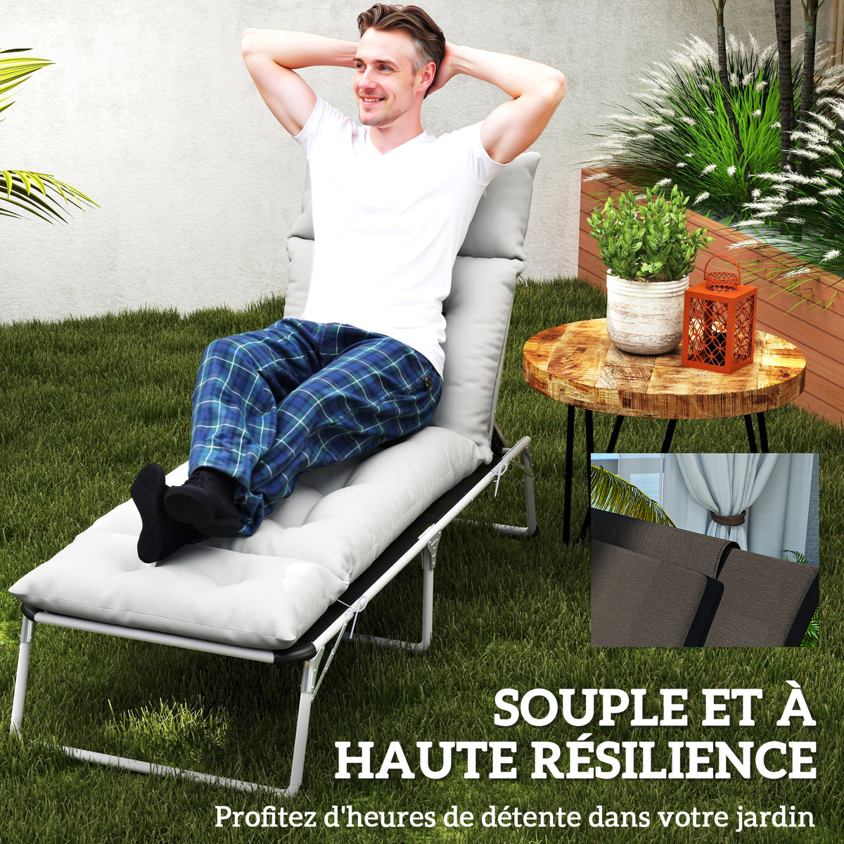 Coussin bain de soleil épais coussin chaise longue 190 x 56 x 10 cm, UPF20+, matelas transat six attaches, gris clair-4