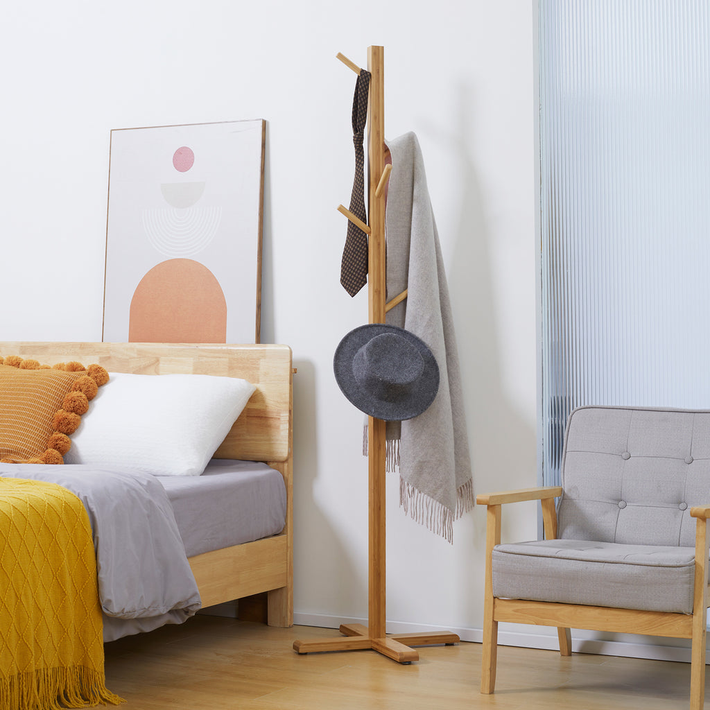 Portemanteau en bambou, portant à vêtements avec 8 patères, pour couloir, chambre, buanderie, bois naturel-1