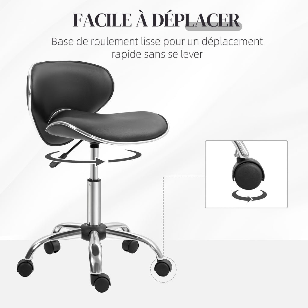 Tabouret à roulettes tabouret de travail avec hauteur réglable 44-56 cm et dossier, pivotant 360°, noir-4