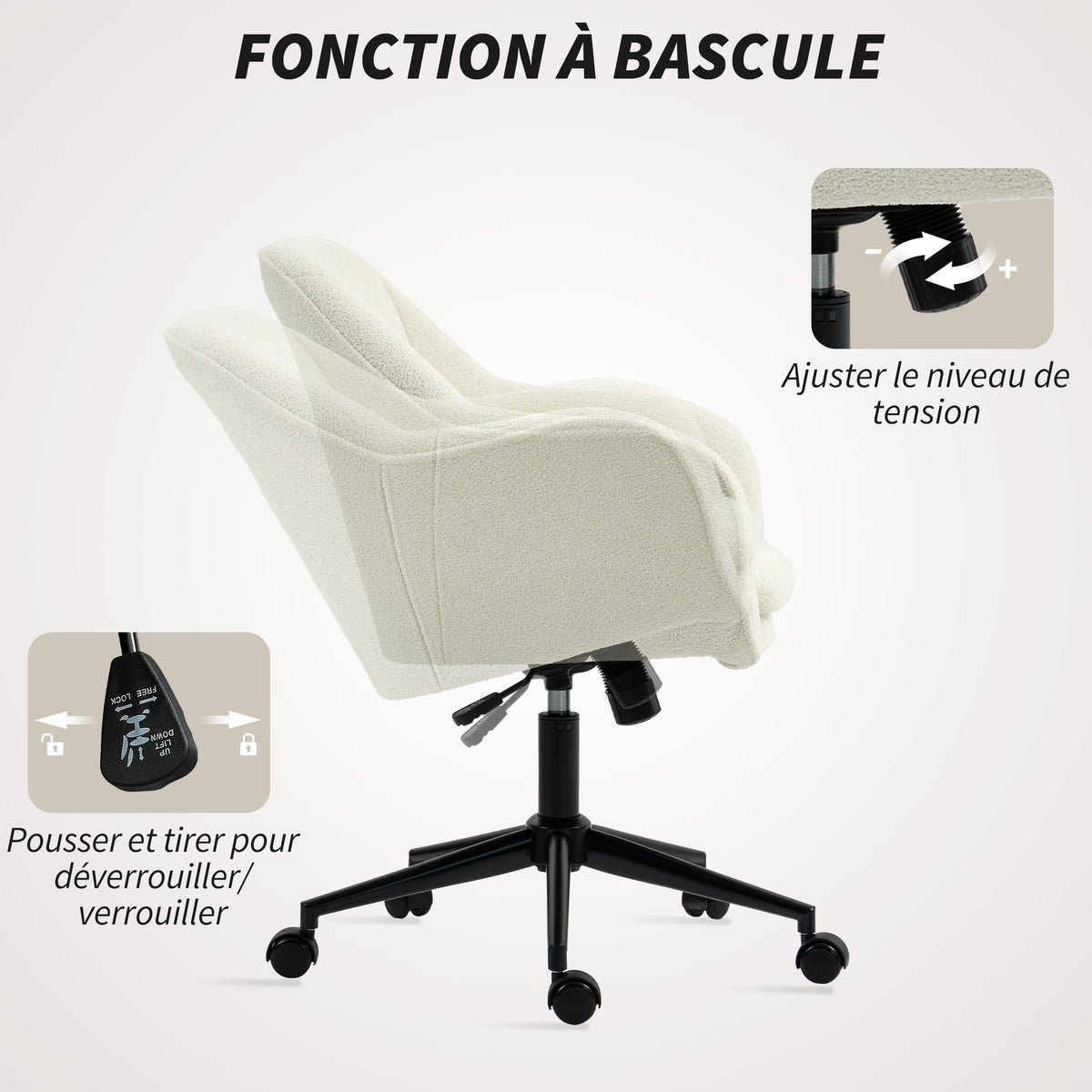 Chaise de bureau, fauteuil de bureau ergonomique réglable en hauteur, siège pivotante, fonction de bascule, beige-5