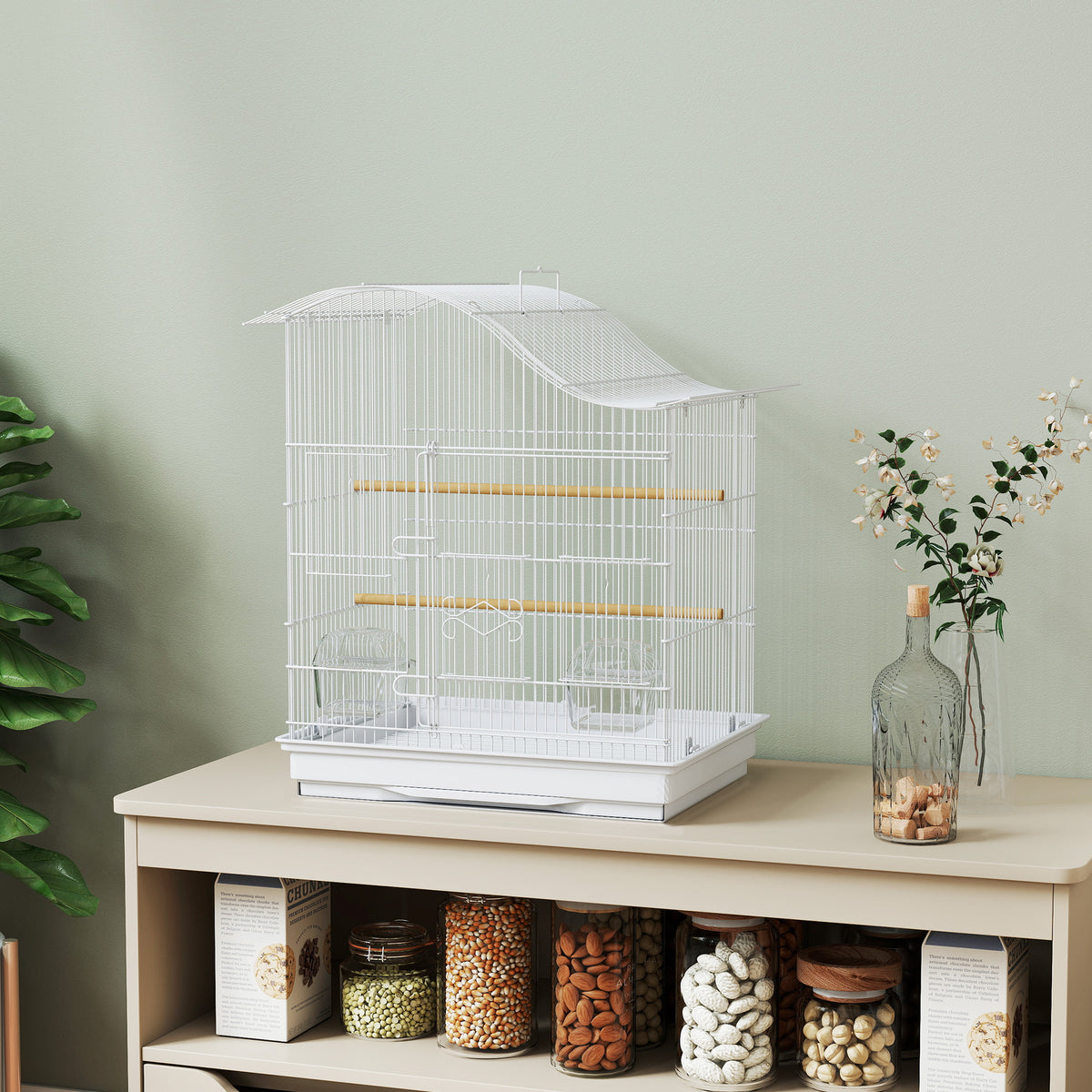 Cage à oiseau volière avec 4 portes, 2 perchoirs, plateau coulissant, pour inséparables perruches 4,7,5x36x54,5cm, blanc-1