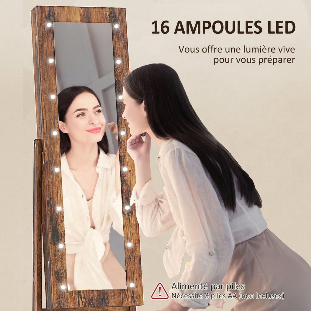 Armoire à bijoux armoire de rangement sur pieds boîte à bijoux avec miroir multi-rangements éclairage LED brun rustique-4