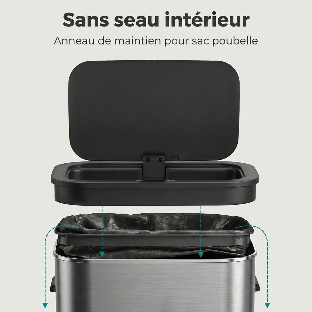 Poubelle de Cuisine Automatique 55L en Acier Inoxydable, Couvercle à Fermeture en Douceur, Fonctionne sur Piles, Argent-6