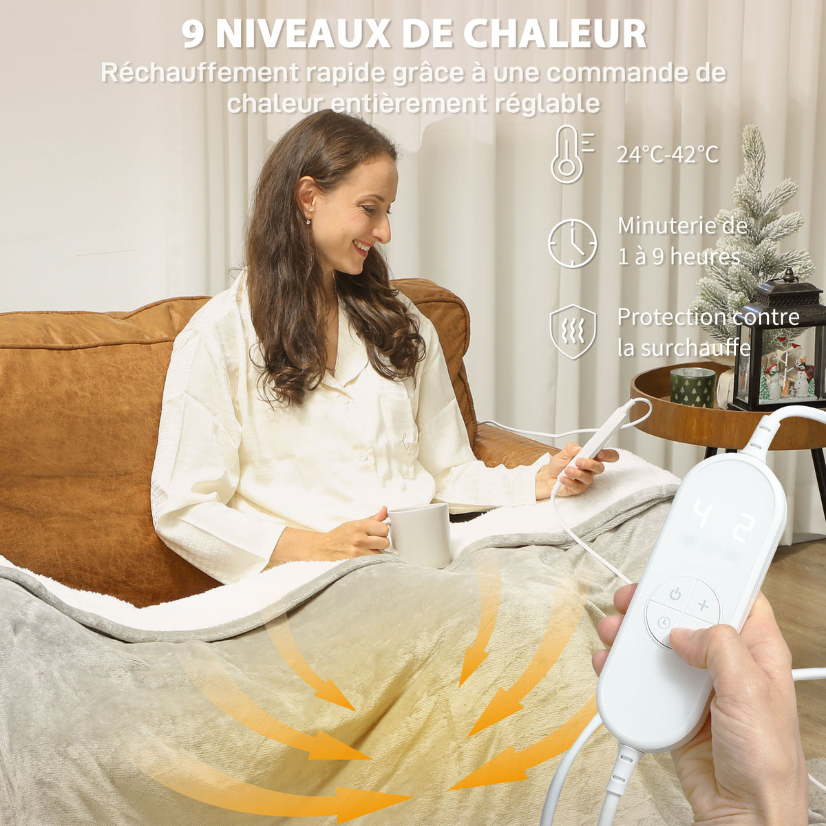Couverture chauffante, plaid chauffant, 9 niveaux de chauffage, minuterie 9H, lavable en machine, 180x130cm, gris-4