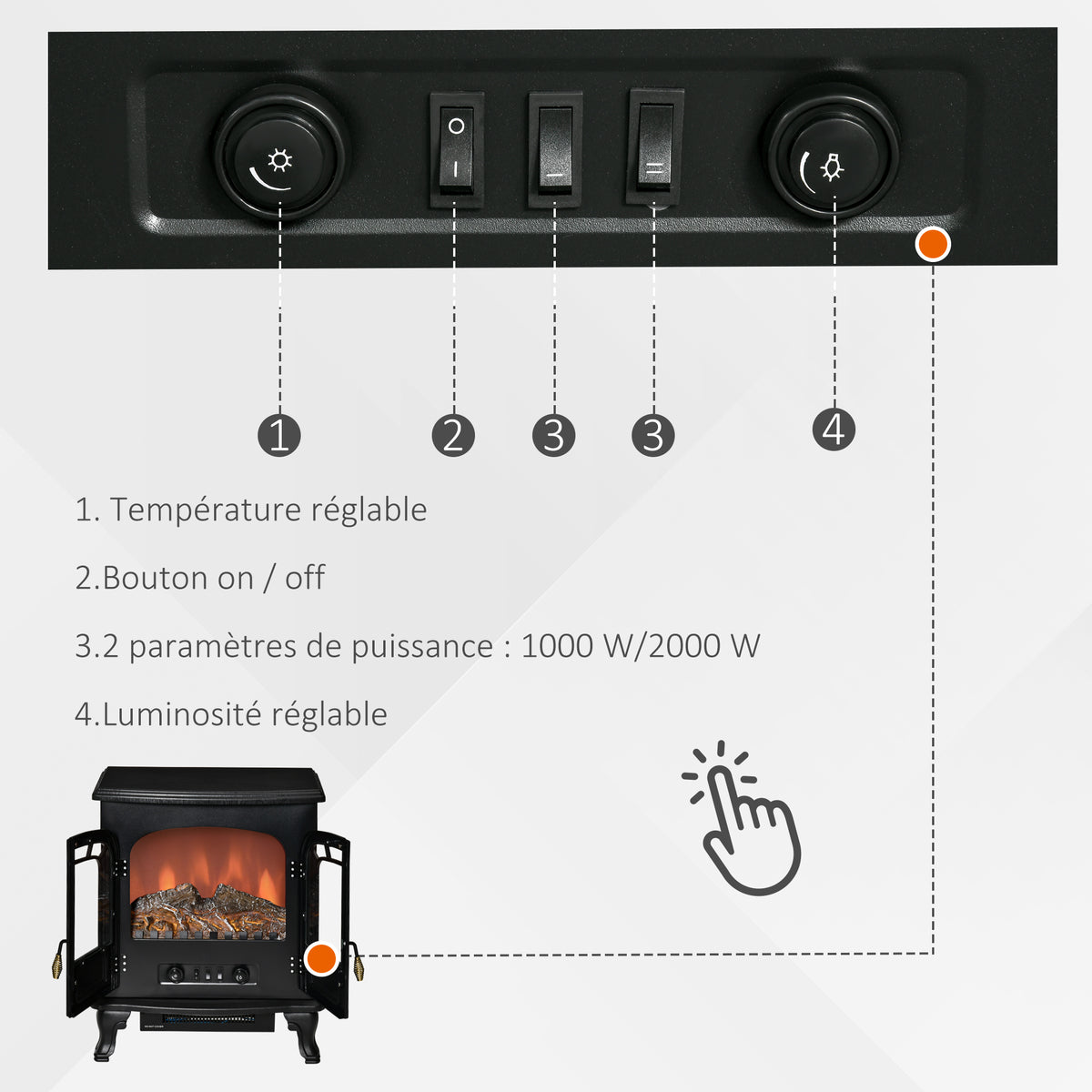 Cheminée électrique poêle Style néo-rétro 2 Portes Verre trempé 1000/2000 W LED luminosité Acier ABS Noir-4