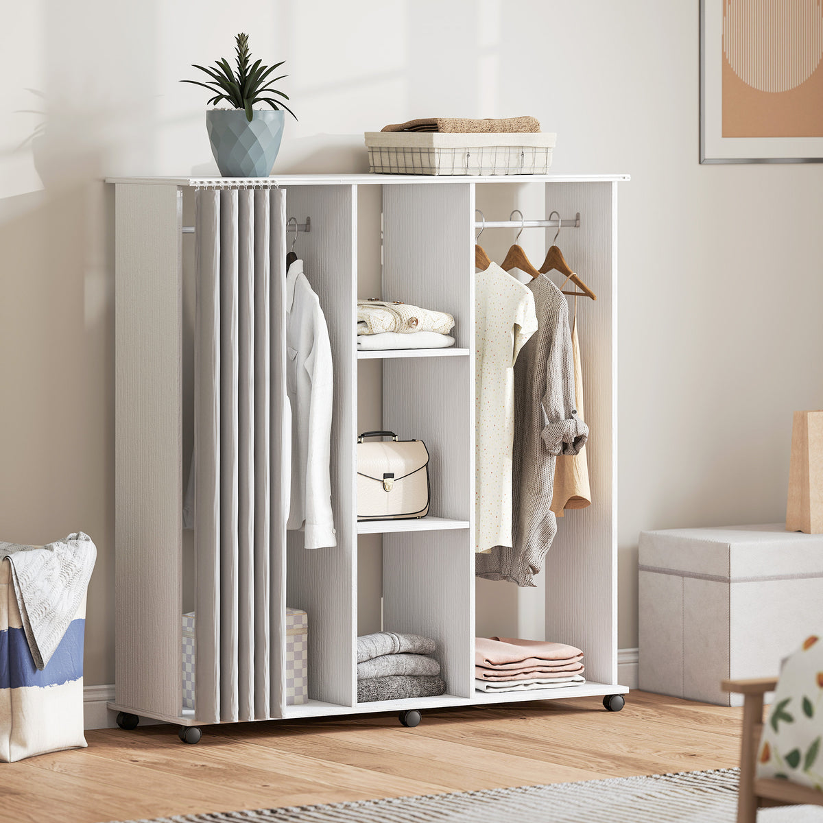 Armoire penderie Meuble de Rangement Mobile 6 roulettes 120L x 40l x 128H cm en bois blanc-1