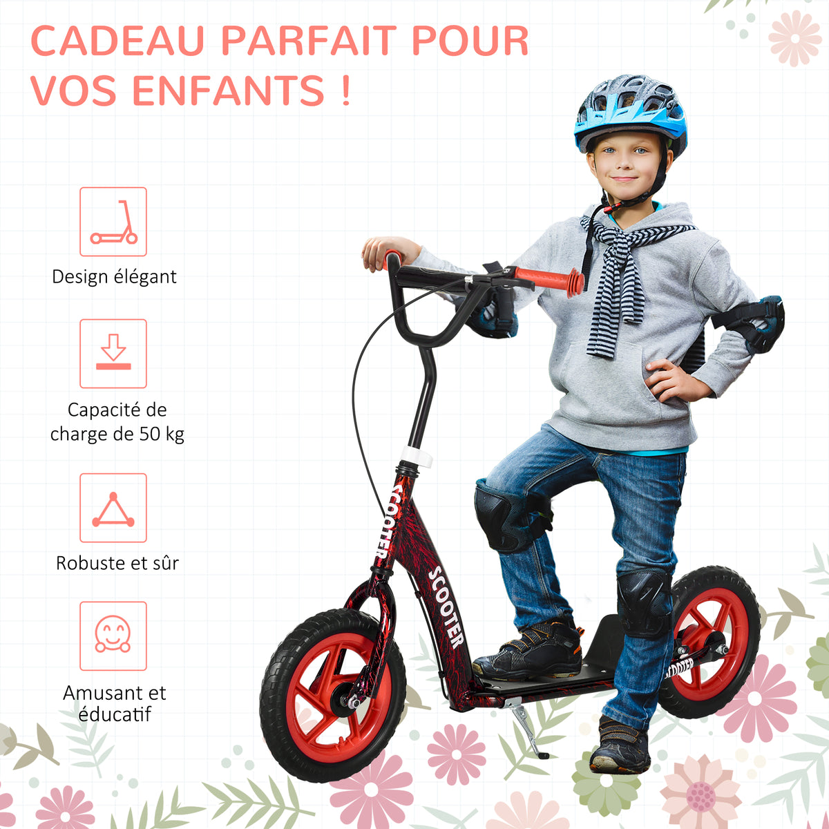 Trottinette patinette scooter enfant grandes roues de 6 à 12 ans hauteur réglable frein arrière béquille rouge-6